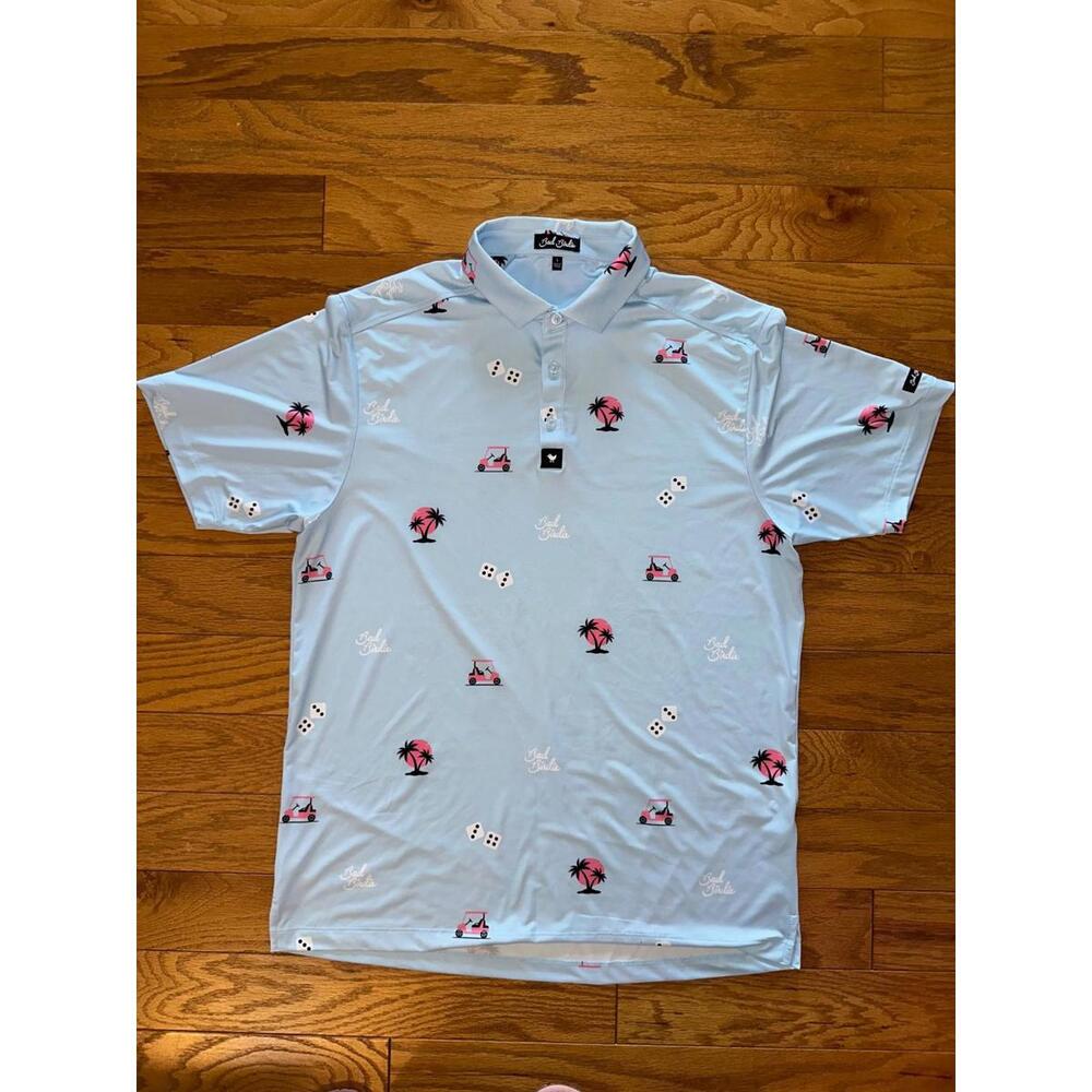 Bad Birdie Golf Polo Shirt Roll Em Dice Tropical Men’s L Stretch Baby Blue